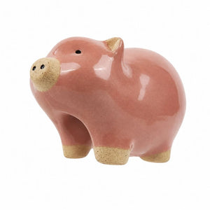 A glossy pink ceramic pig figurine with a speckled beige snout, ears, and hooves, shown on a plain white background.-Pig Pot Hanger