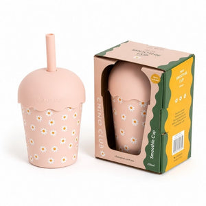 Pink Daisy Mini Smoothie Cup & Straw 200ml displayed with packaging on a white background