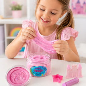Child playing with Pink Tutti Fruiti Glitter - Jar 280 g and tools in a bright room