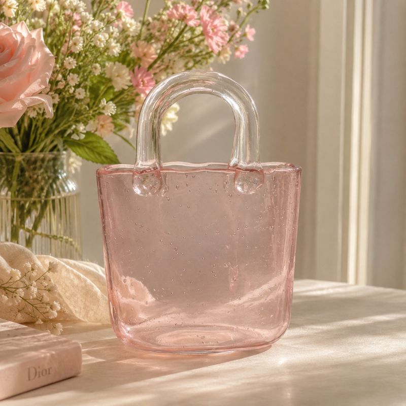 Pink glass handbag on a surface with flowers and a Dior box in the background