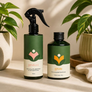 Plant Care Essentials Bundle featuring We The Wild Protect Organic Plant Spray and Grow Organic Liquid Plant Food.