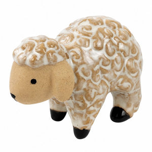 A ceramic decorative figurine of a sheep with textured cream and tan wool, a light tan face, and small black hooves, shown on a plain white background.-Sheep Pot Hanger Ceramic