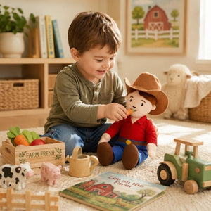 Child playing with the Ruby Farmer Cuddle Doll and farm-themed items in a cozy room.