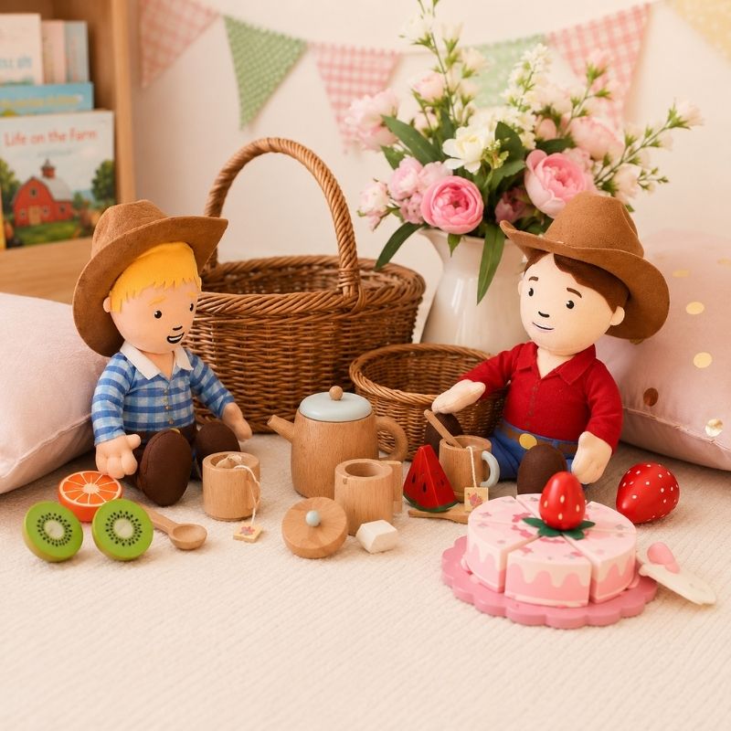 Ruby Farmer Cuddle Doll plush toy with red shirt, blue jeans, brown boots, and soft felt farmer hat on white background