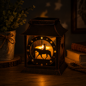 Horse silhouette lantern glowing in a cozy evening setting with candlelight and rustic western décor.