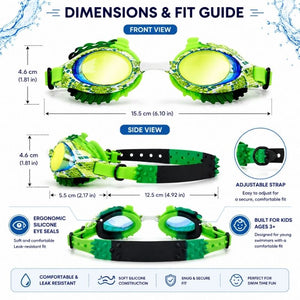 Rattlesnake Royal Serpent swim goggles dimensions guide showing front, side, and back measurements for kids
