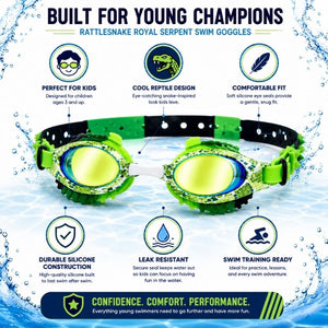 Rattlesnake Royal Serpent swim goggles infographic highlighting comfort, durability, leak resistance, and swim training features