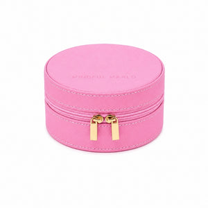 A Small Jewellery Case – Berry with a double zipper closure and gold-tone pull tabs, featuring the brand name 'MINDFUL MARLO' debossed on the lid, set against a plain white background.
