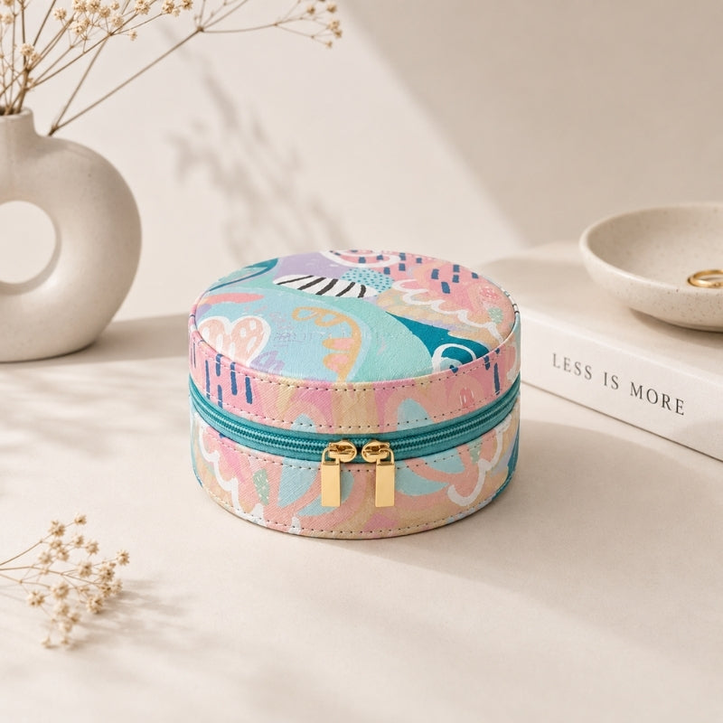 A small jewelry case – Haven with a colorful abstract print in pink, blue, and beige, featuring a teal zipper and gold-tone dual pull hardware. It is styled on a light beige surface next to a white ceramic vase, a book, and a small dish.