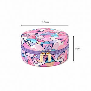 ASmall Jewellery Case – Willow with a pink, purple, and blue butterfly pattern, shown with dimension lines indicating a width of 11.5cm and a height of 5cm.