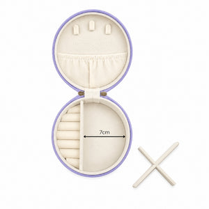 ASmall Jewellery Case – Willow with a lavender-purple fabric border and cream-colored interior compartments, shown on a white background with a small wooden X-shaped tool and a 7cm dimension marker.