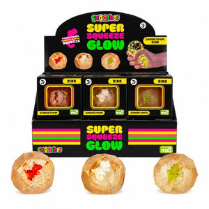 Smooshos Super Squeeze Glow Diamond Sphere Dino display with three glow-in-the-dark squishy dino balls
