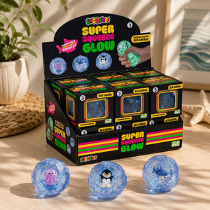 Smooshos Super Squeeze Glow Sea Animal display box with collectible glow squishy toys on a modern shelf