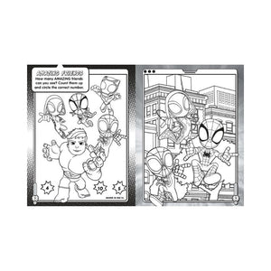 Spidey and His Amazing Friends Activity Bag Coloring book page with superhero characters and text on a white background