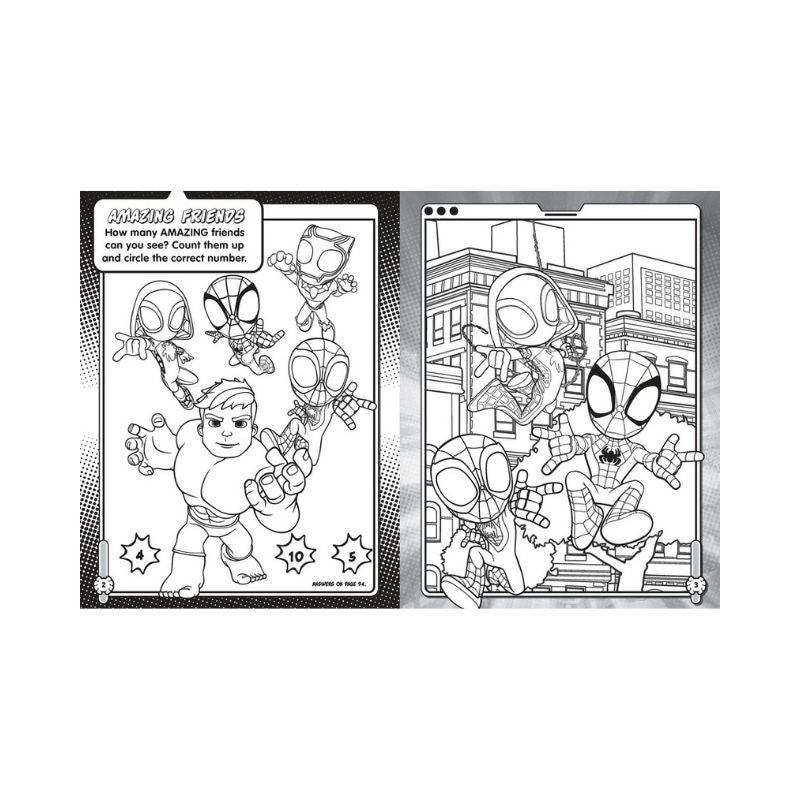 Spidey and His Amazing Friends Activity Bag Coloring book page with superhero characters and text on a white background