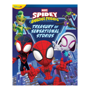 Front cover of the Disney+ Marvel Spidey and the Amazing Friends: Treasury of Sensational Stories book, featuring Spider-Man, Miles Morales, Gwen Stacy, and a purple villain character against a blue city skyline background.