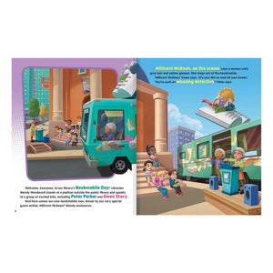 A printed children's book or magazine spread showing illustrated scenes from a story about a bookmobile. The left panel shows a teal bookmobile parked in front of a building with children and adults around it, and the right panel shows a woman driving the bookmobile with passengers and books loaded onto and off of it.