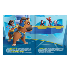 A printed children's book or activity booklet page featuring colorful cartoon characters, including a large brown dog in a blue helmet and Spider-Man-themed figures on a blue platform, with text blocks at the bottom.