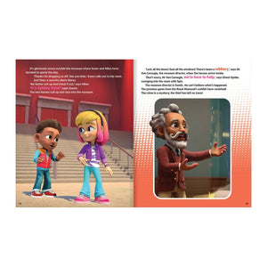 A two-page spread from a children's book or educational booklet, featuring illustrated scenes and text. The left page shows two cartoon children standing on outdoor steps in front of a red building, with printed text above them.