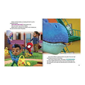 A two-page spread from a children's book featuring colorful cartoon illustrations and a photograph of a blue dinosaur toy at a playground. The pages include text, character scenes, and a real-life scene with a child and dinosaur toy.