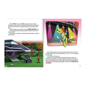 ASpideyandHisAmazingFriends_TreasuryofSensationalStoriesVol.4_5 black car, a pink background, and several small inset photos and blocks of text. It does not appear to be a clean product shot, and the page itself looks like editorial or reference artwork rather than a standard sellable product photo.
