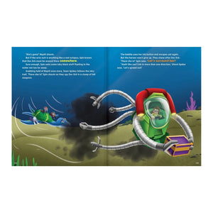 A printed children's book spread showing an underwater scene with a green and red robotic arm reaching toward a black cloud, alongside text blocks on both pages.