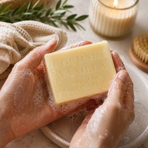 Hand holding a bar Summer Salt Body Coconut & Vanilla Soap Bar - 100g with a candle and towel in the background