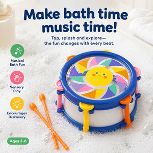Tiger Tribe bath drum toy showing sensory play and musical bath time benefits