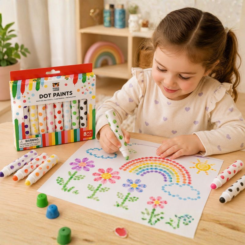 Child drawing with dot paints on a sheet of paper, surrounded by Tiger Tribe dot paint markers and a box of dot paints. - Loveshack Giftware