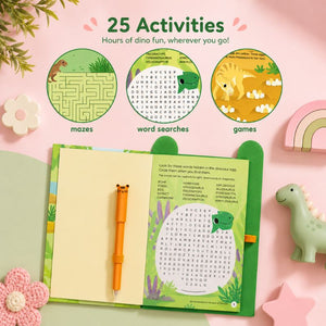 Dinosaur busy whiz activity book with mazes, word searches, and games on a pink background. - Loveshack Giftware