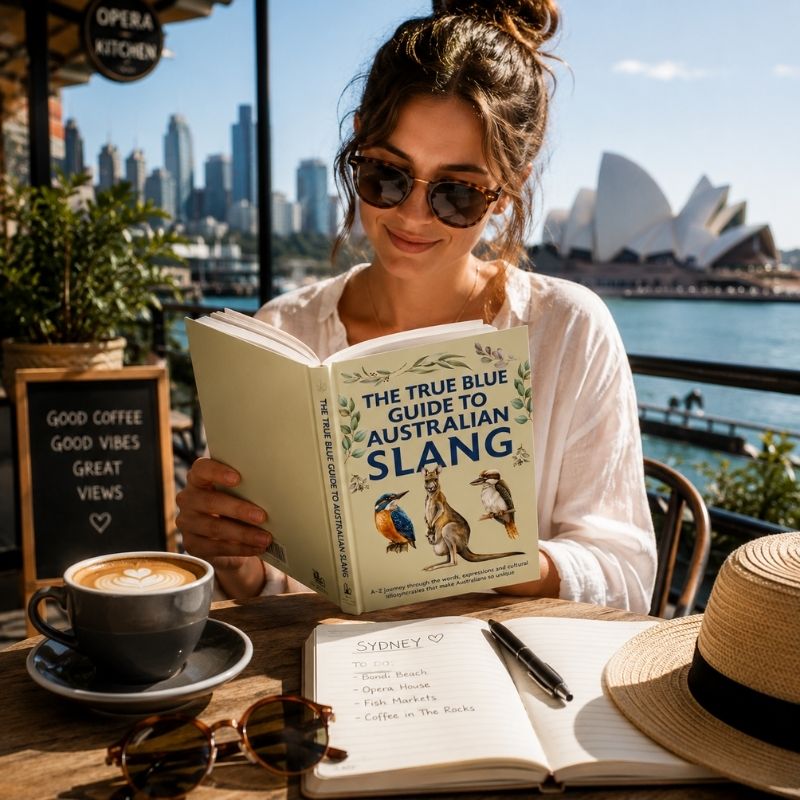 Traveler reading The True Blue Guide to Australian Slang at an Australian café overlooking the harbor