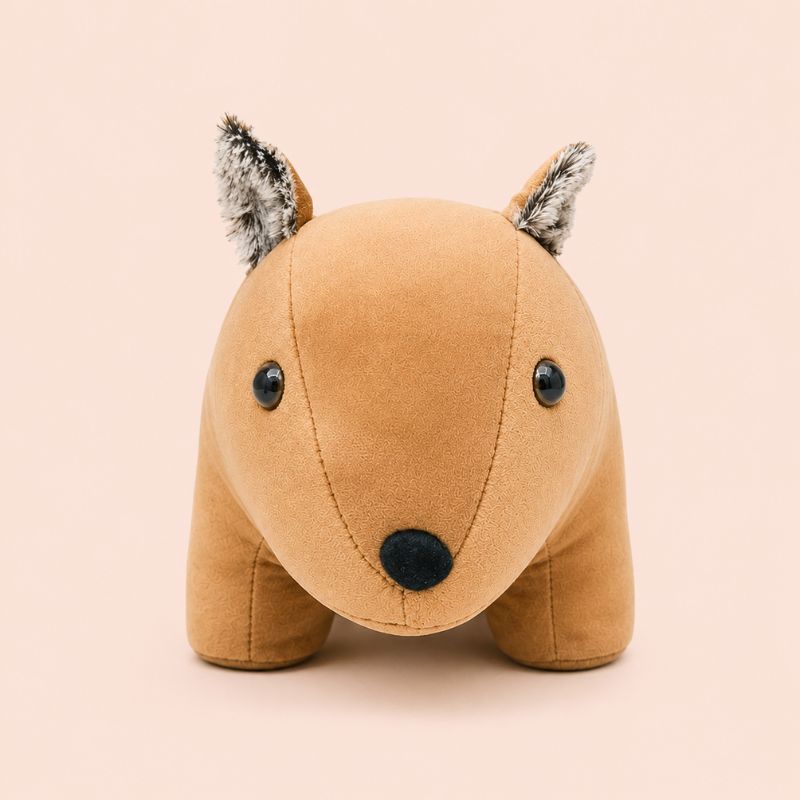Brown wombat doorstopper with black eyes and gray ears on a beige background