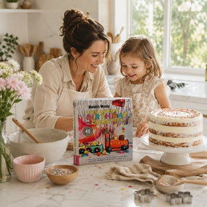 Parent and child baking together in a bright kitchen using the Children's Birthday Cake Book 40th Anniversary Edition.