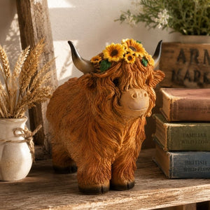 Highland Cow Sunflower Ornament Displayed on Rustic Wooden Shelf with Country Farmhouse Décor