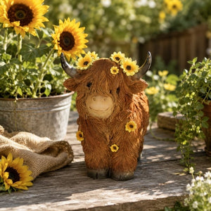 Highland Cow Garden Ornament with Sunflower Crown Styled Among Blooming Sunflowers and Outdoor Décor