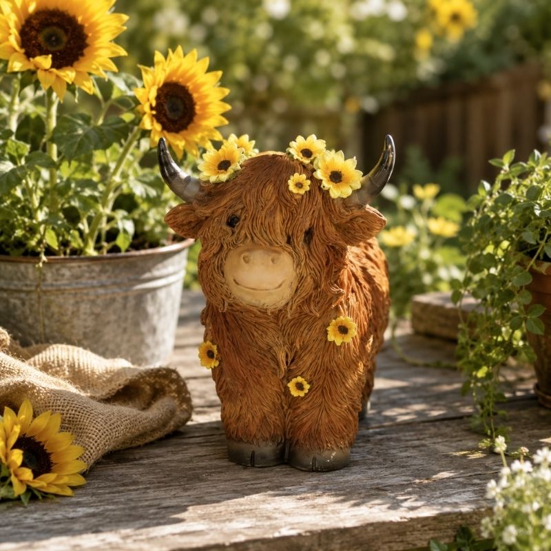 Highland Cow Garden Ornament with Sunflower Crown Styled Among Blooming Sunflowers and Outdoor Décor