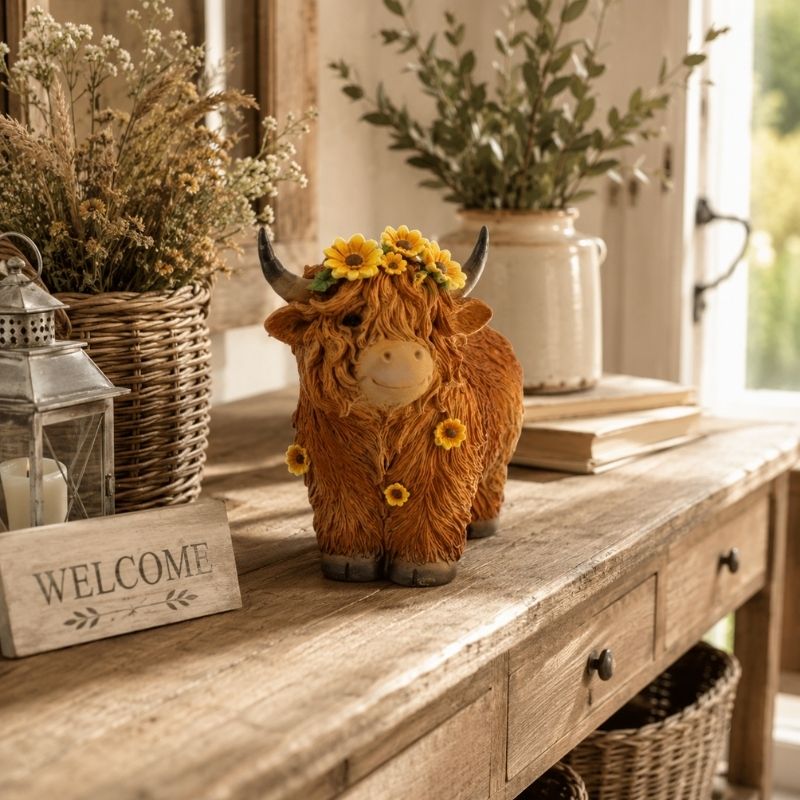 Highland Cow Decorative Figurine with Sunflower Crown Styled on Farmhouse Entryway Console Table