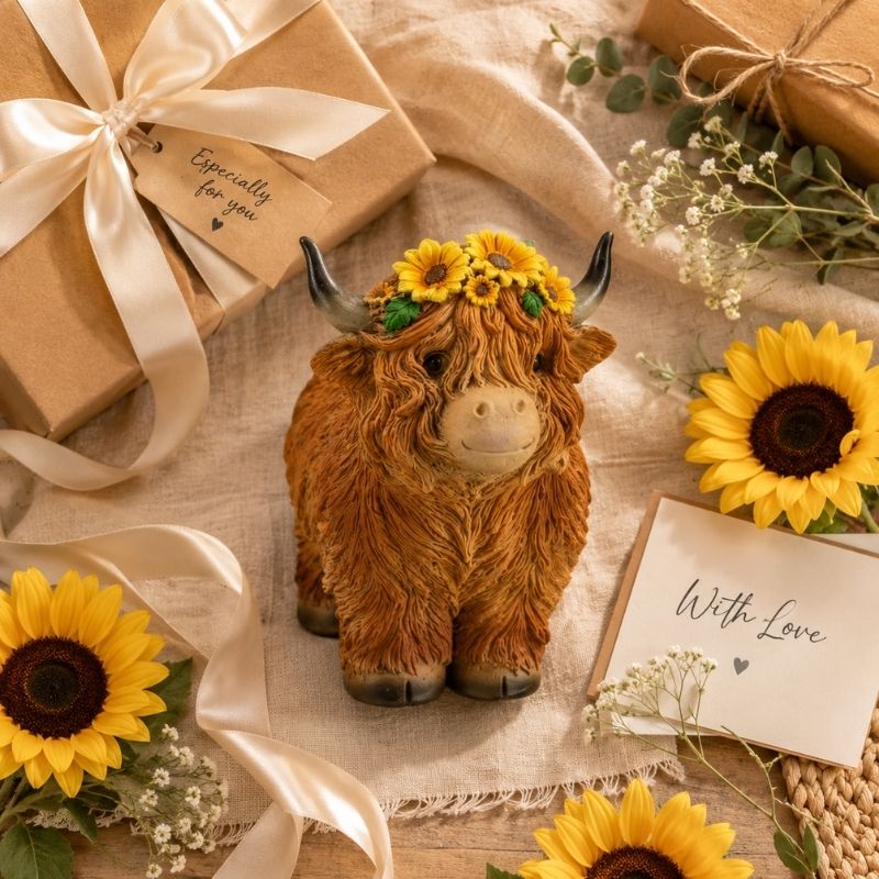 Highland Cow Ornament Gift Display with Sunflowers, Wrapped Gift Boxes and Rustic Country Styling