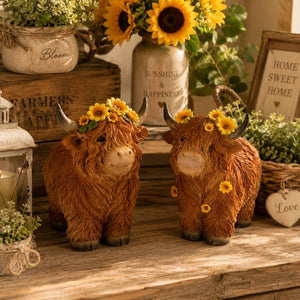 Highland Cow Ornament Collection with Sunflower-Themed Farmhouse Décor and Rustic Home Accessories
