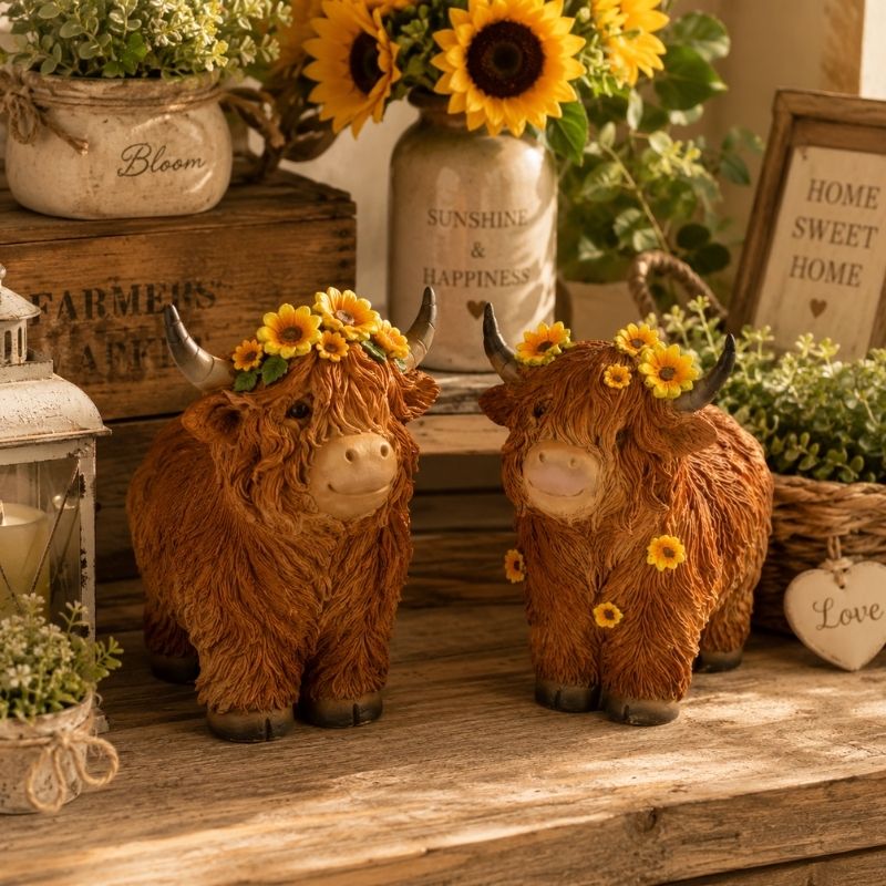 Highland Cow Ornament Collection with Sunflower-Themed Farmhouse Décor and Rustic Home Accessories