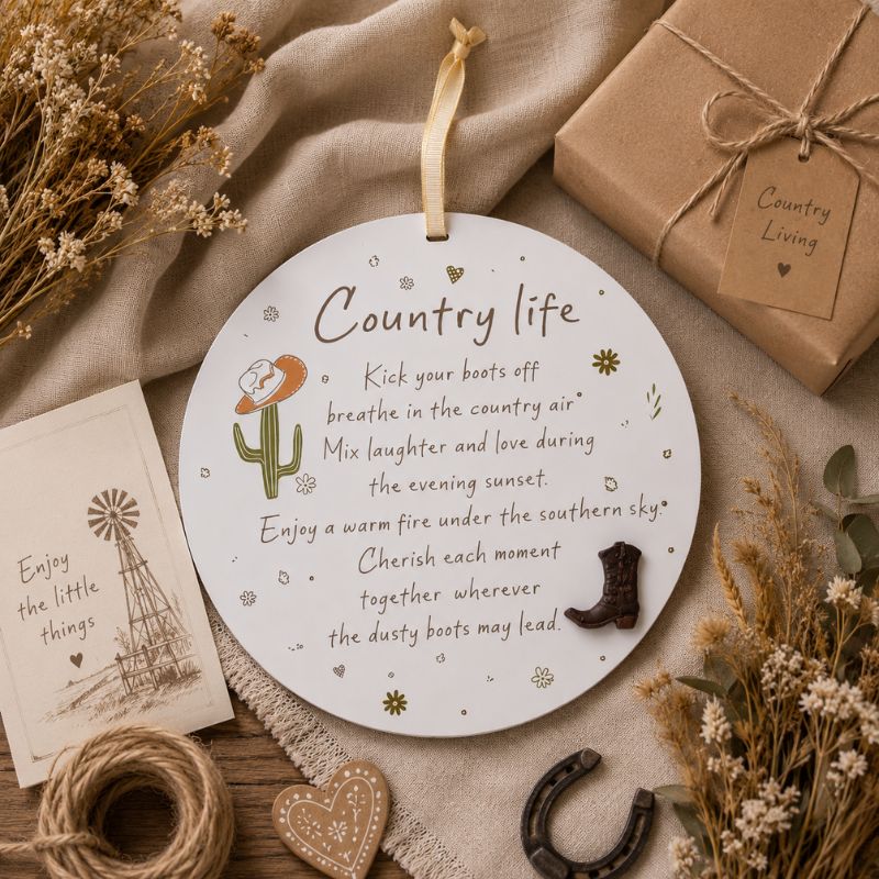 Round Country Life plaque surrounded by linen fabric, dried florals, greeting cards, and farmhouse gift décor.