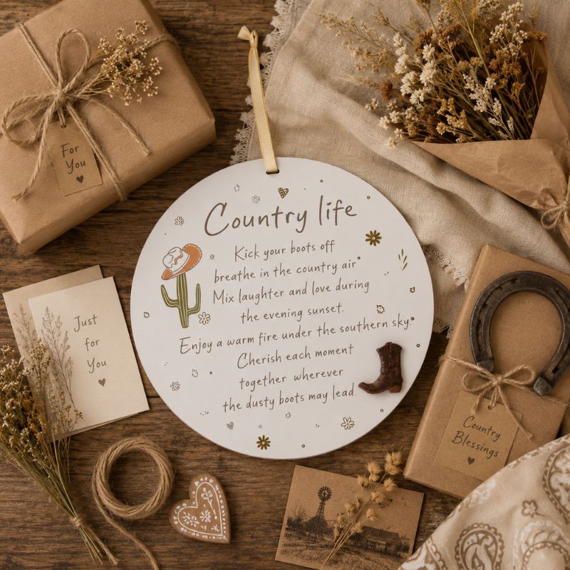 Country Life hanging plaque styled as a country-themed gift with kraft wrapping, dried flowers, twine, and rustic accessories.
