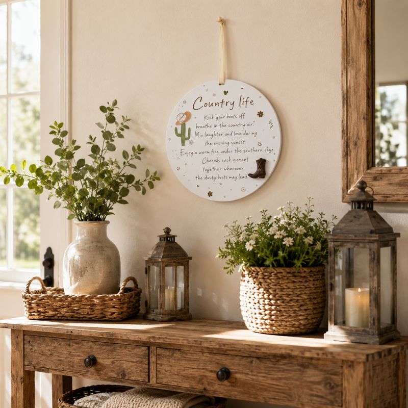 Country Life hanging plaque displayed above a rustic entryway table with greenery, lanterns, and woven baskets.
