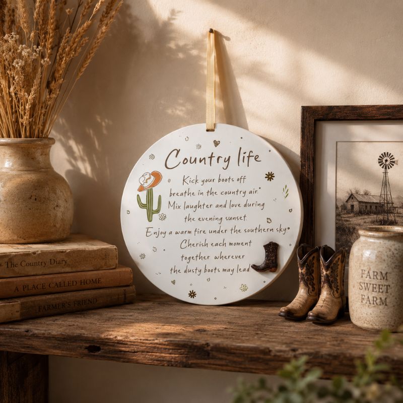 Country Life hanging plaque displayed on a rustic wooden shelf with vintage books, dried wheat, and farmhouse décor accents.