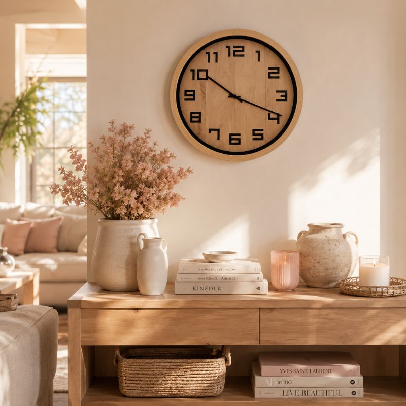 A 40cm Timber Look Wall Clock with a light wood grain face and black numerals, mounted on a beige wall above a wooden console table styled with vases, books, and dried flowers.