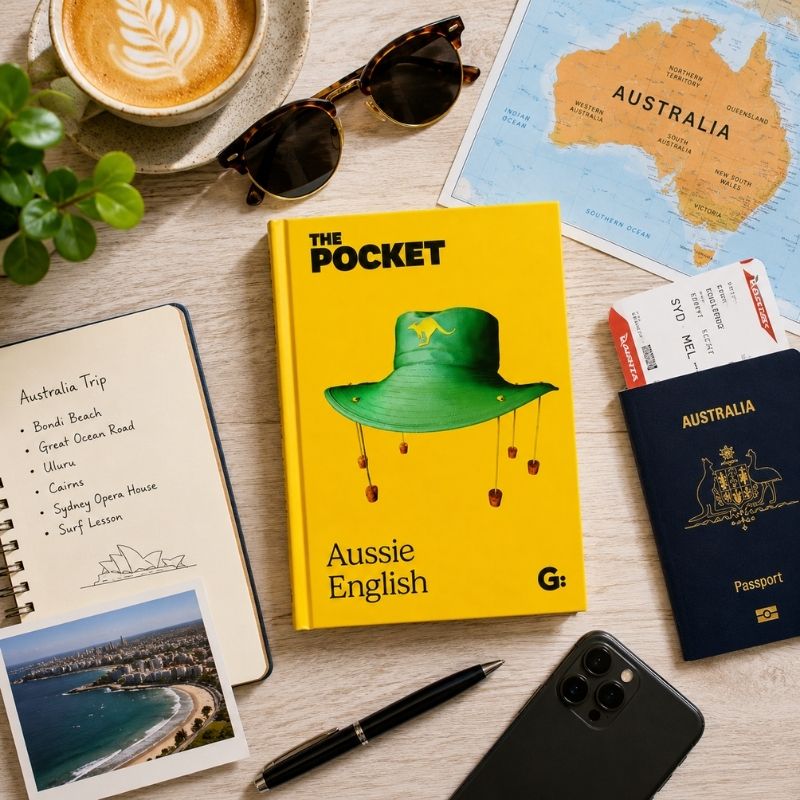 Pocket Aussie English book surrounded by Australian travel essentials including passport, map, notebook, and coffee