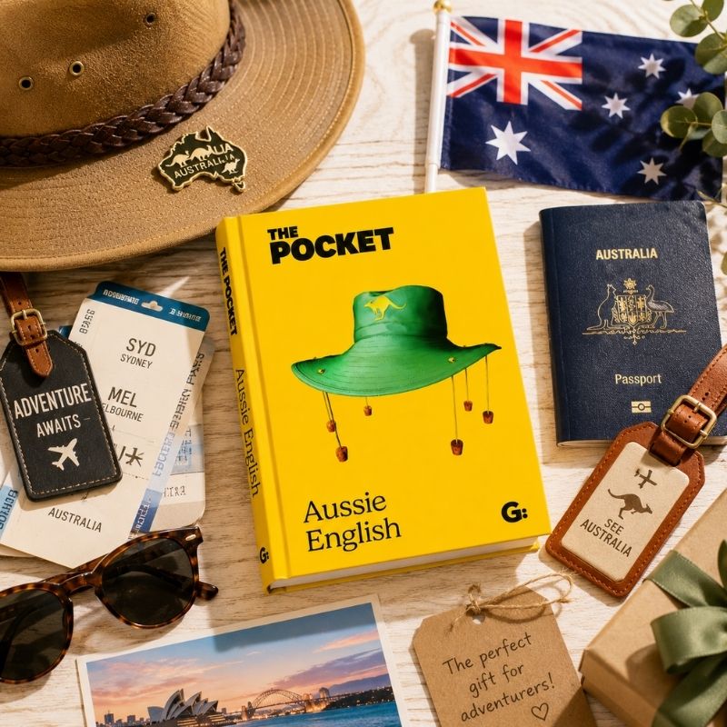 Pocket Aussie English gift mockup with Australian hat, passport, travel tickets, luggage tags, and souvenir items