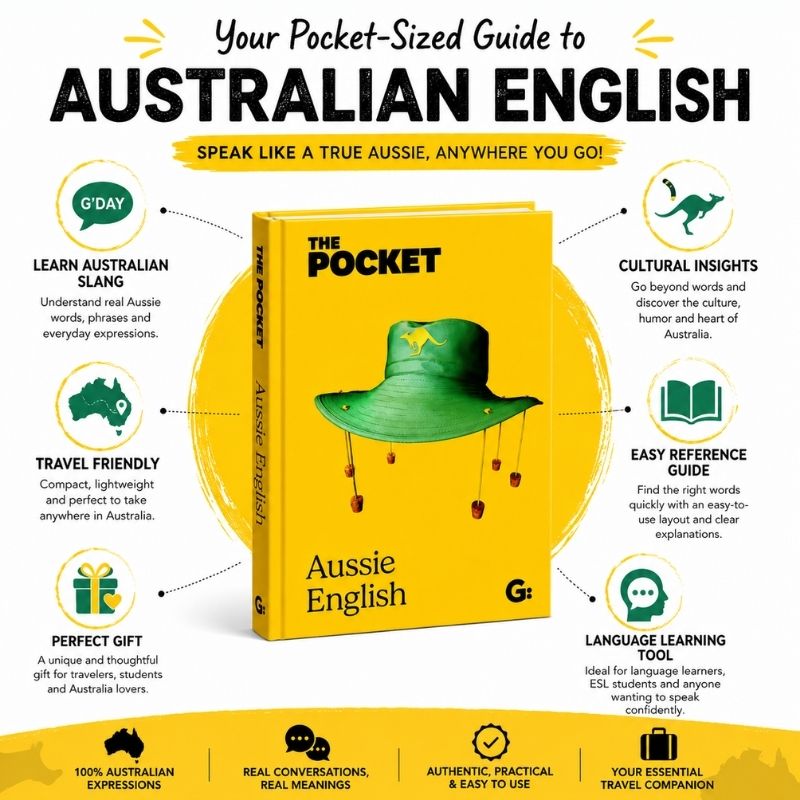 Pocket Aussie English infographic highlighting Australian slang learning, travel-friendly design, and cultural insights