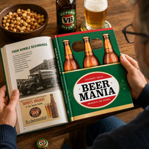 Person holding a Beer Mania—Breweries & Brands Book of Victoria Bitter beer and a glass of beer on a wooden table.