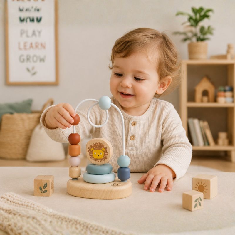 Child playing with a bead maze wooden toy in a cozy room